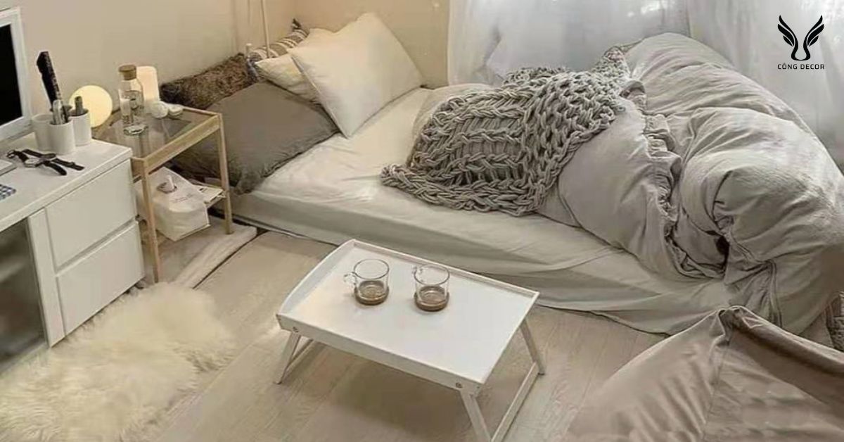 Phòng ngủ nhỏ phong cách Hàn Quốc với màu trung tính
