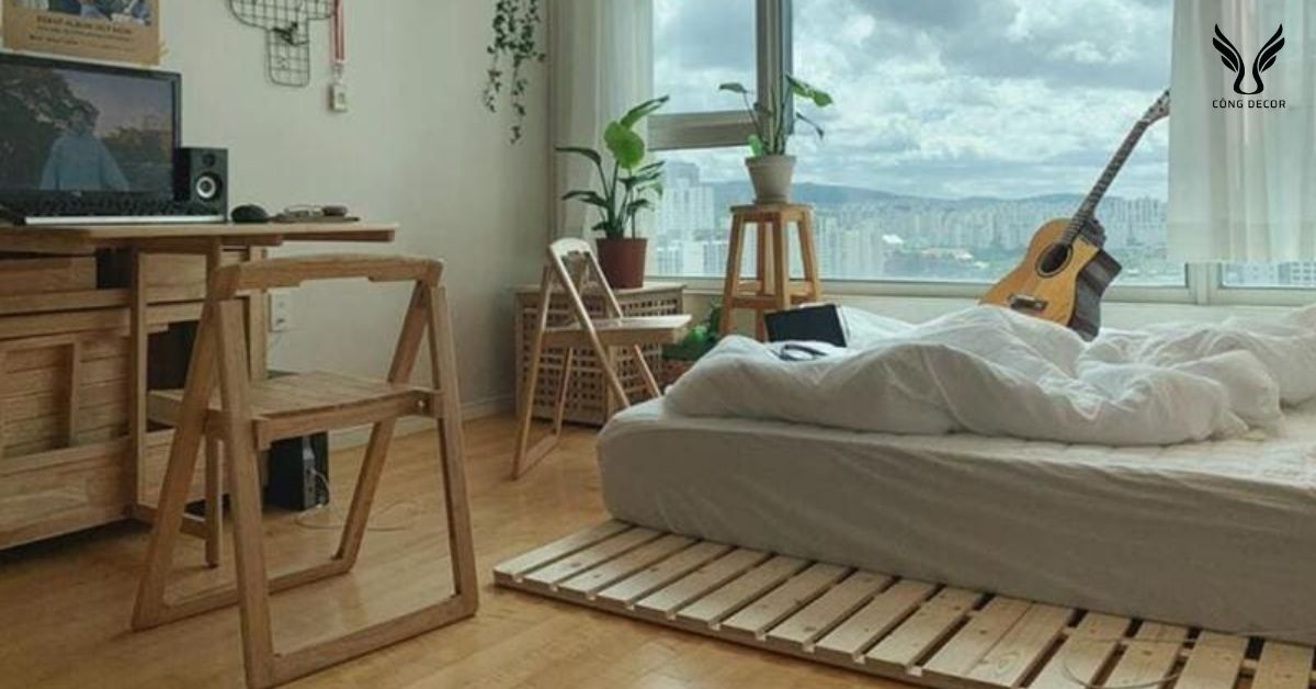 Phòng ngủ nhỏ phong cách Hàn Quốc với nội thất gỗ